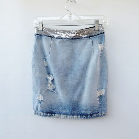 IRO Womens Size Small 36 Silver Sequin Waistband Distressed Denim Pencil Skirt - Picture 1 of 15